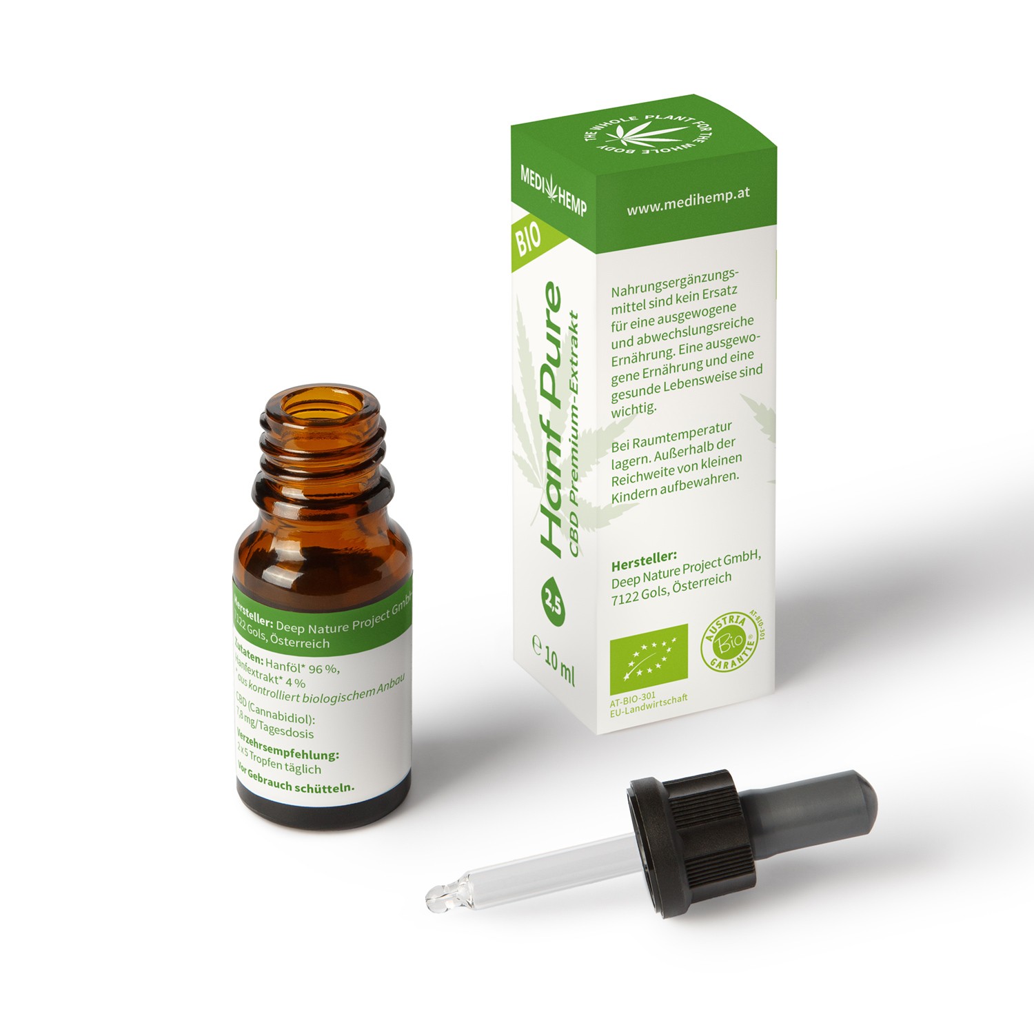Medihemp Bio Hanf Pure Öl - 2,5 % - 10ml - 250 mg  CBD Aromaöl