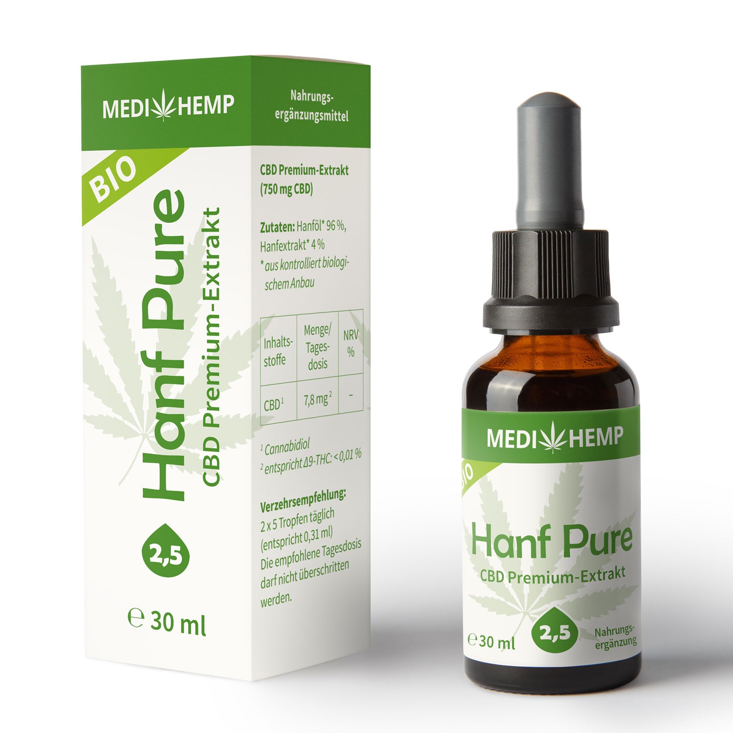 Medihemp Bio Hanf Pure Öl - 2,5 % - 30 ml - 750 mg  CBD Aromaöl